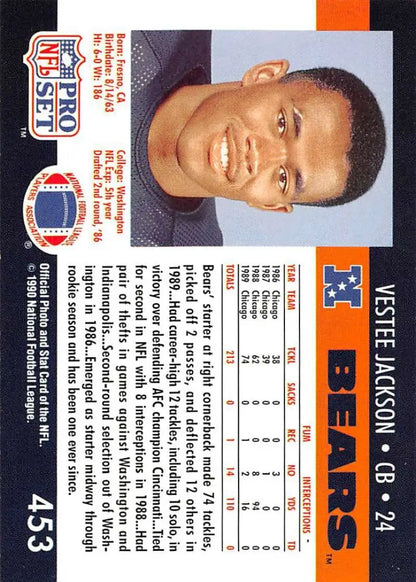 NFL Pro Set 1990 Vestee Jackson Football Card featuring Chicago Bears player