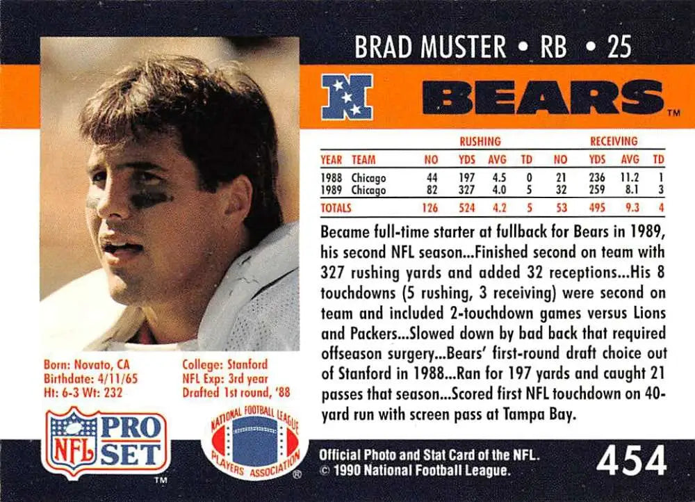 NFL Pro Set football card of Brad Muster, Chicago Bears running back number 25