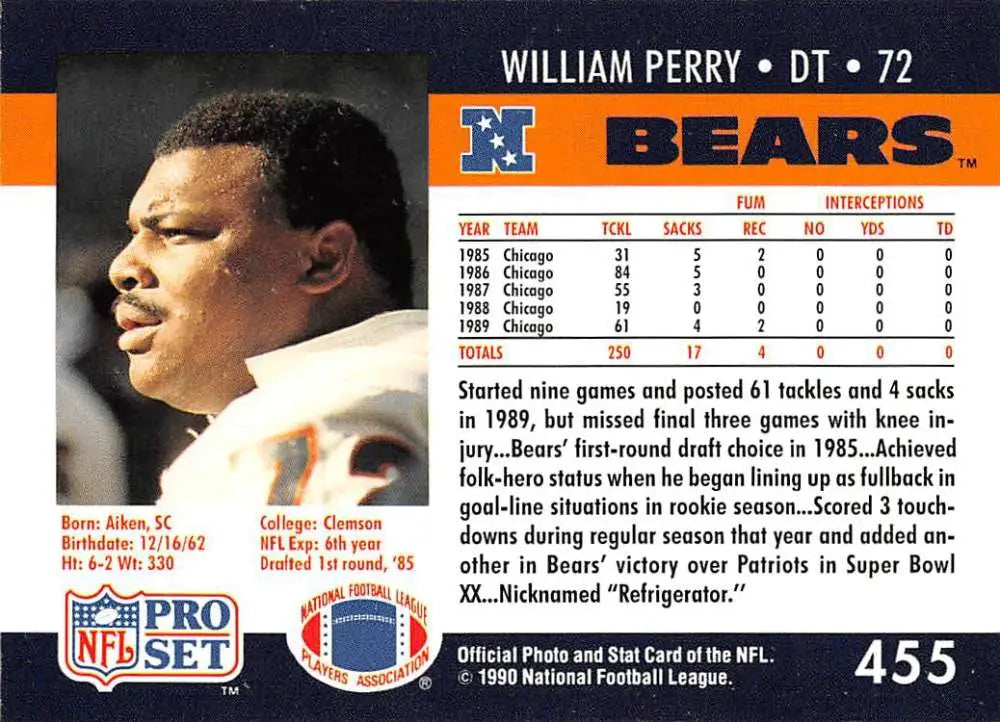 William Perry 1990 Pro Set #455 Chicago Bears Football Card from 1985 season