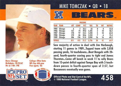 Football card of Mike Tomczak in profile, showcasing Chicago Bears pride and style