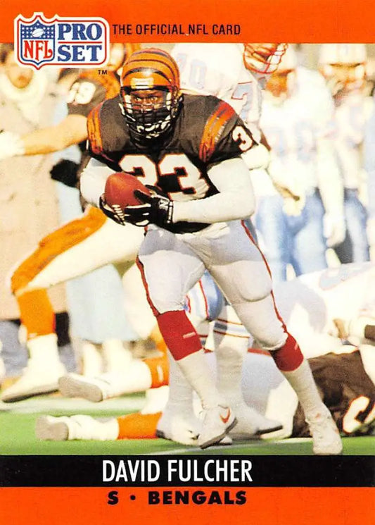 NFL Pro Set trading card of David Fulcher, Cincinnati Bengals Football player in action