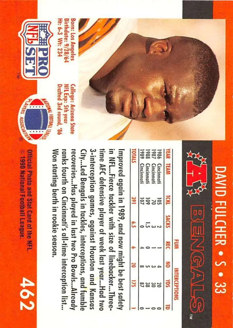 1990 Pro Set #462 David Fulcher NM-MT Cincinnati Bengals Football Card with stats