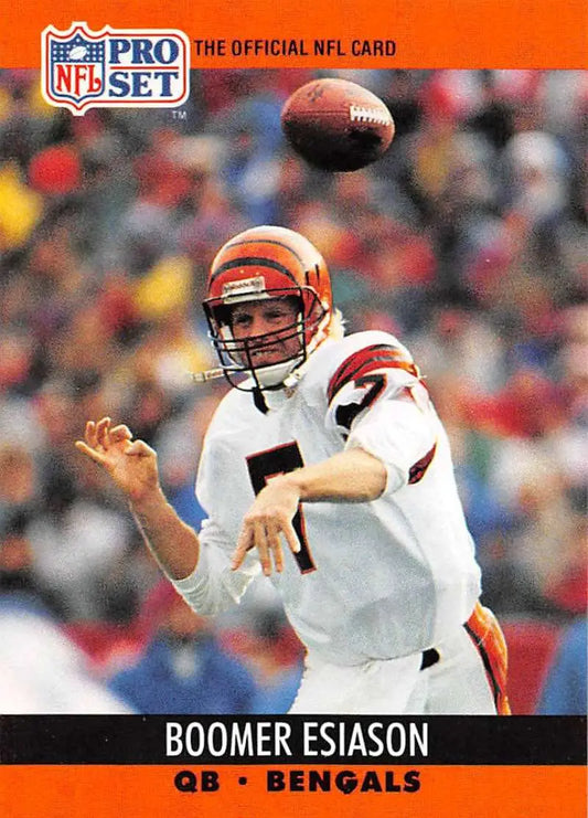 NFL Pro Set Boomer Esiason football card of Cincinnati Bengals quarterback throwing