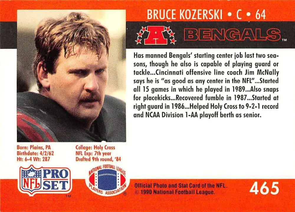 Football card featuring Bruce Kozerski of the Cincinnati Bengals from Pro Set NFL collection