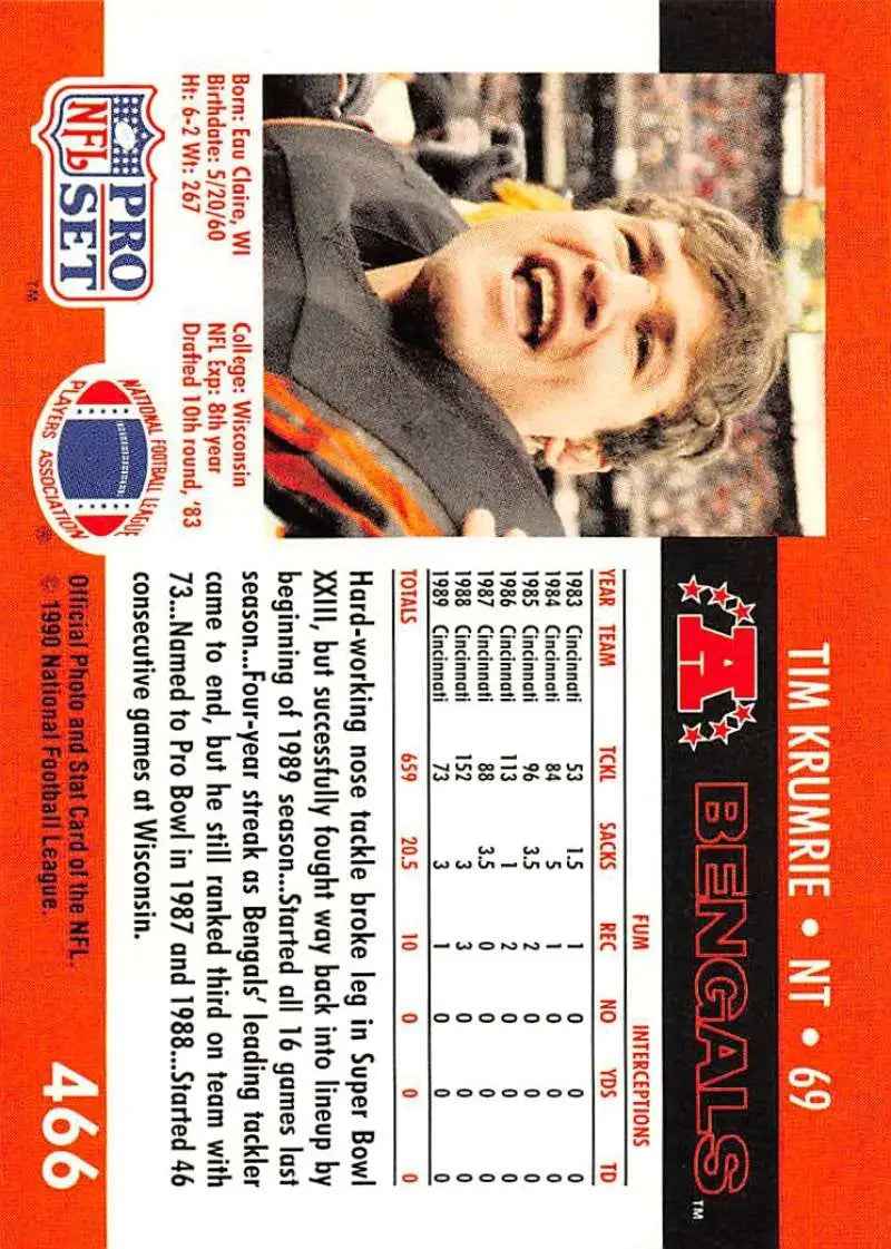 1990 Pro Set Tim Krumrie Football Card with Red Border and Player Statistics