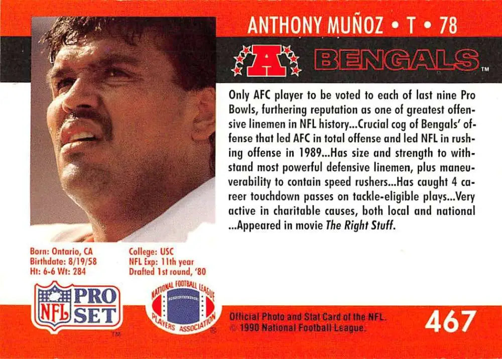 Pro Set Anthony Muñoz Cincinnati Bengals Football Card in red and black design