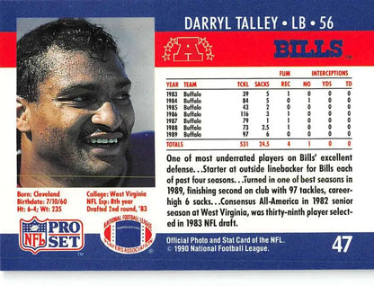 1990 Pro Set Darryl Talley Football Card featuring Buffalo Bills linebacker design