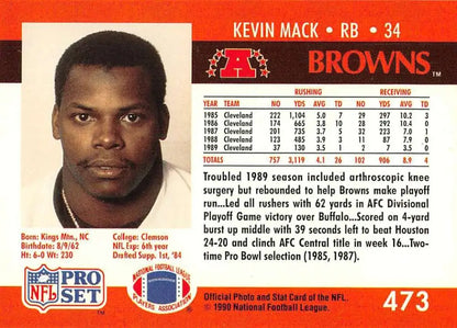 1990 Pro Set #473 Kevin Mack NM-MT Cleveland Browns Football Card on red background