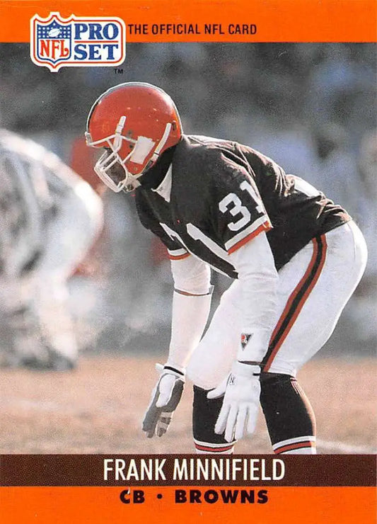 NFL trading card of Frank Minnifield, Cleveland Browns cornerback in defensive stance