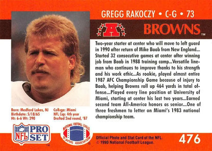 Football card featuring Gregg Rakoczy from the Cleveland Browns Pro Set collection