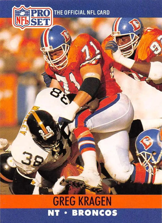 1990 Pro Set #487 Greg Kragen Football Card featuring Denver Broncos vs Steelers action