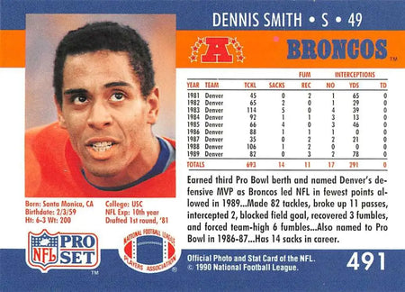 1990 Pro Set #491 Dennis Smith Denver Broncos Football Card in orange jersey