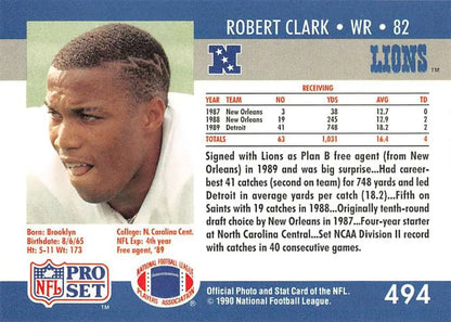 NFL trading card of Robert Clark from the 1990 Pro Set, Detroit Lions rookie football card