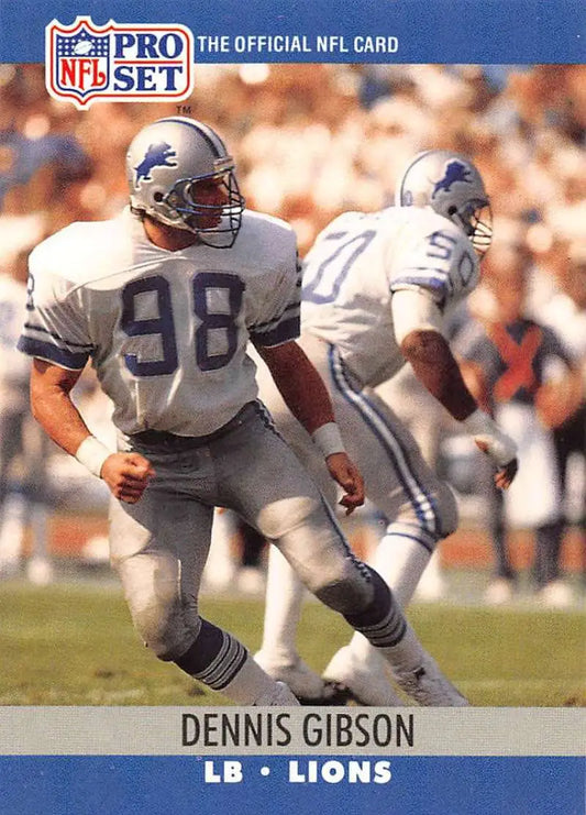 NFL Pro Set trading card of Dennis Gibson, Detroit Lions linebacker in white uniform