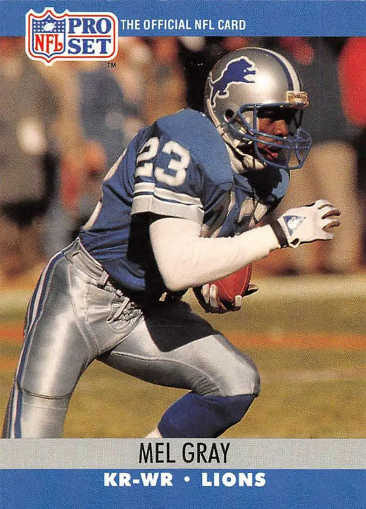 NFL Pro Set trading card of Mel Gray, Detroit Lions player in silver and blue uniform