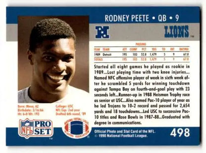 1990 Pro Set #498 Rodney Peete Detroit Lions football card with original gloss quality