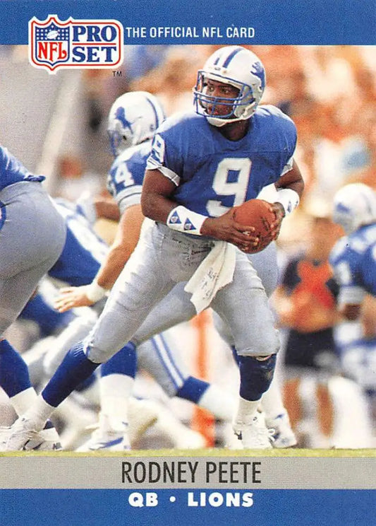 NFL Pro Set trading card of Rodney Peete in Detroit Lions blue and silver uniform