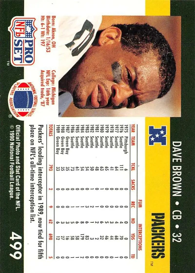Pro Set NFL trading card from 1991 featuring Green Bay Packers player Dave Brown