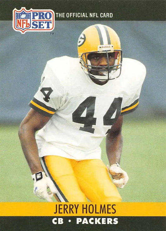 NFL trading card of Jerry Holmes, Green Bay Packers number 44 in white jersey