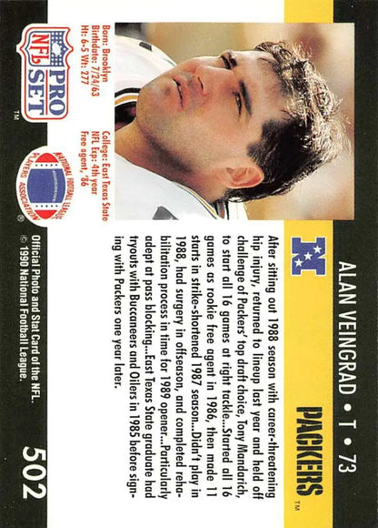 NFL trading card of Green Bay Packers player Alan Veingrad from the 1990 Pro Set
