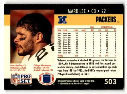 1990 Pro Set #503 Mark Lee Green Bay Packers football card with original gloss quality