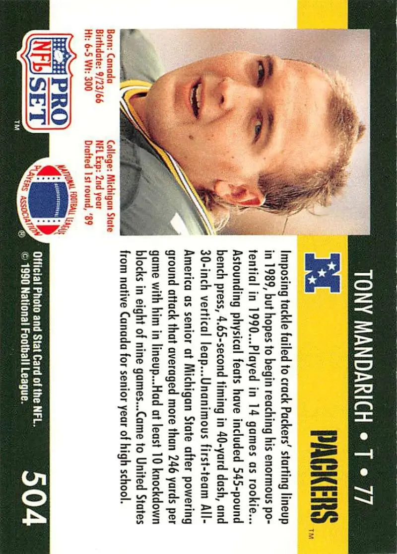 1990 Pro Set Tony Mandarich card featuring Green Bay Packers player in NM-MT condition