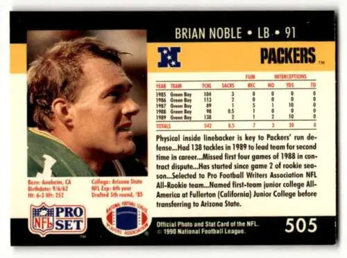 Brian Noble Green Bay Packers football card 1990 Pro Set #505 original gloss condition