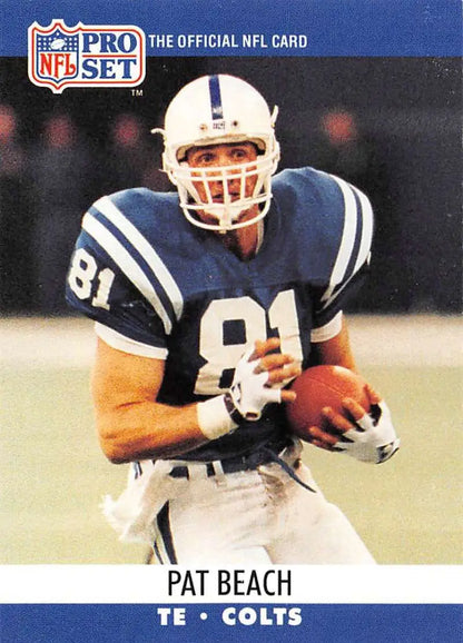 NFL trading card of Pat Beach in blue and white Indianapolis Colts uniform holding football