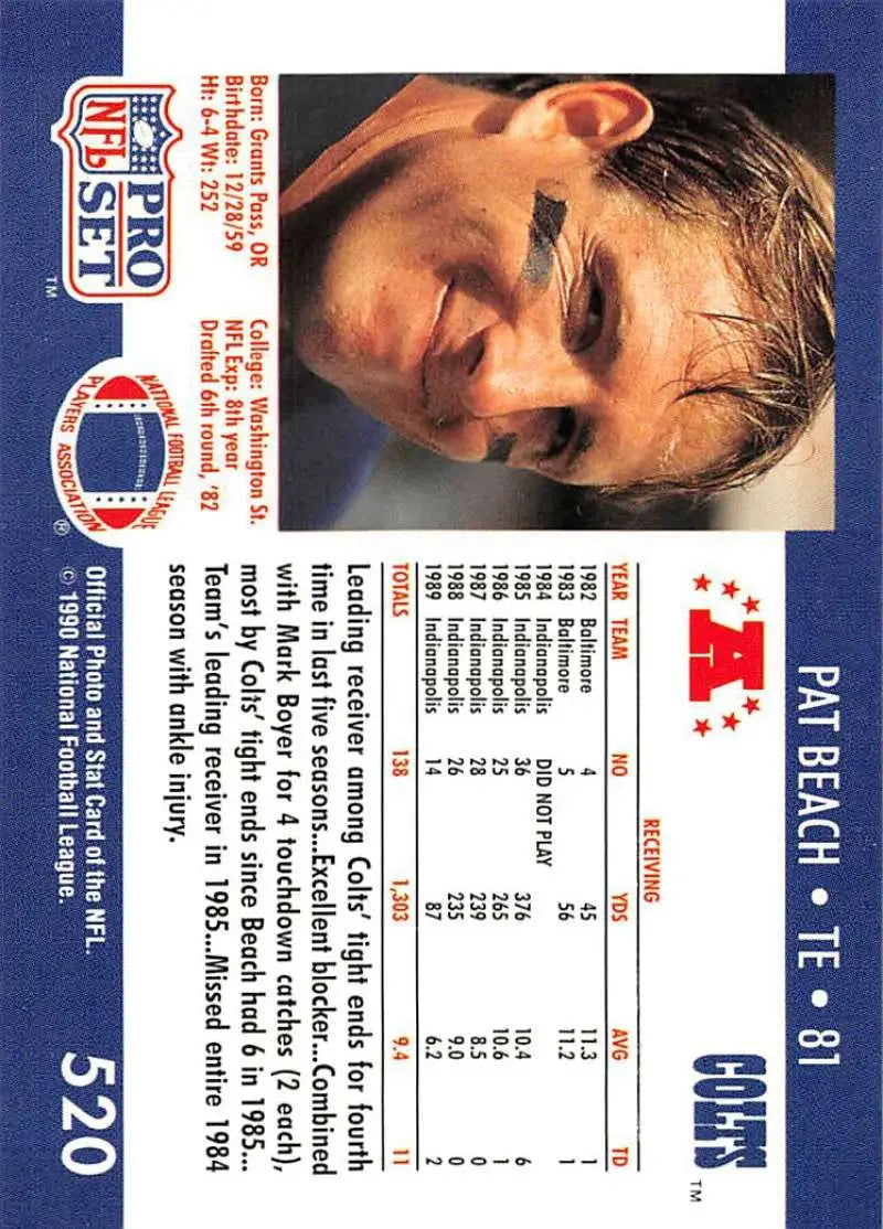 Pat Beach 1990 Pro Set NFL trading card featuring Indianapolis Colts statistics