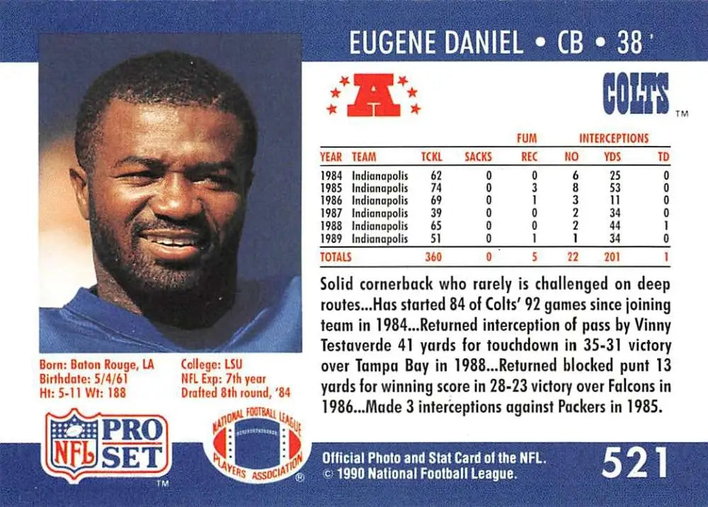 Eugene Daniel Indianapolis Colts football card featuring cornerback in blue uniform