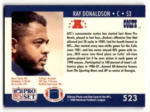 Ray Donaldson Indianapolis Colts football card original gloss 1990 Pro Set #523