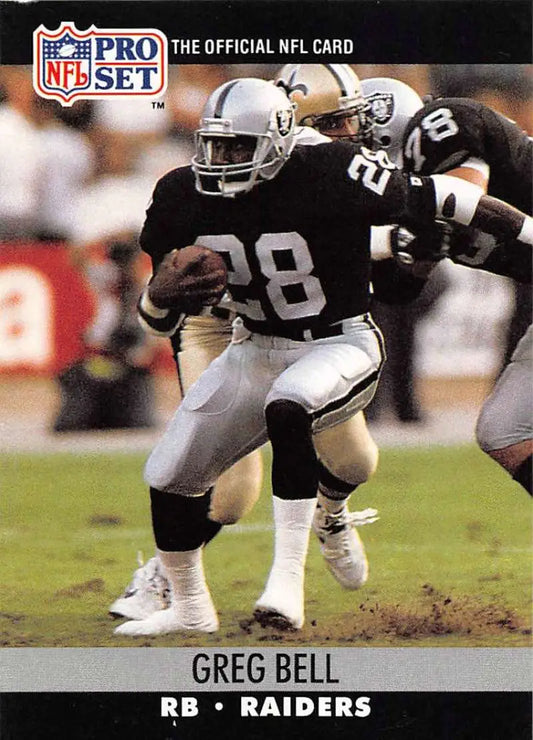 NFL trading card of Greg Bell in a Los Angeles Raiders uniform carrying football