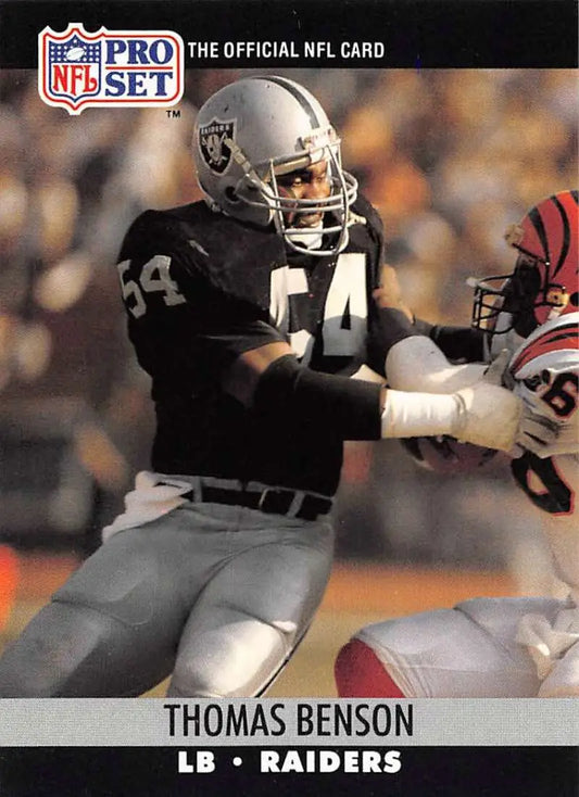 NFL Pro Set trading card of Thomas Benson, Los Angeles Raiders linebacker #54 in action
