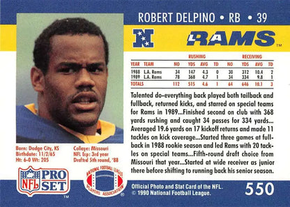 NFL Pro Set trading card of Robert Delpino, Los Angeles Rams running back in yellow and blue