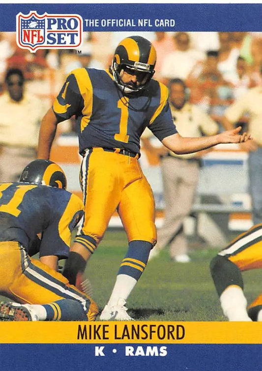 NFL Pro Set trading card of Mike Lansford, Los Angeles Rams kicker in blue and yellow uniform