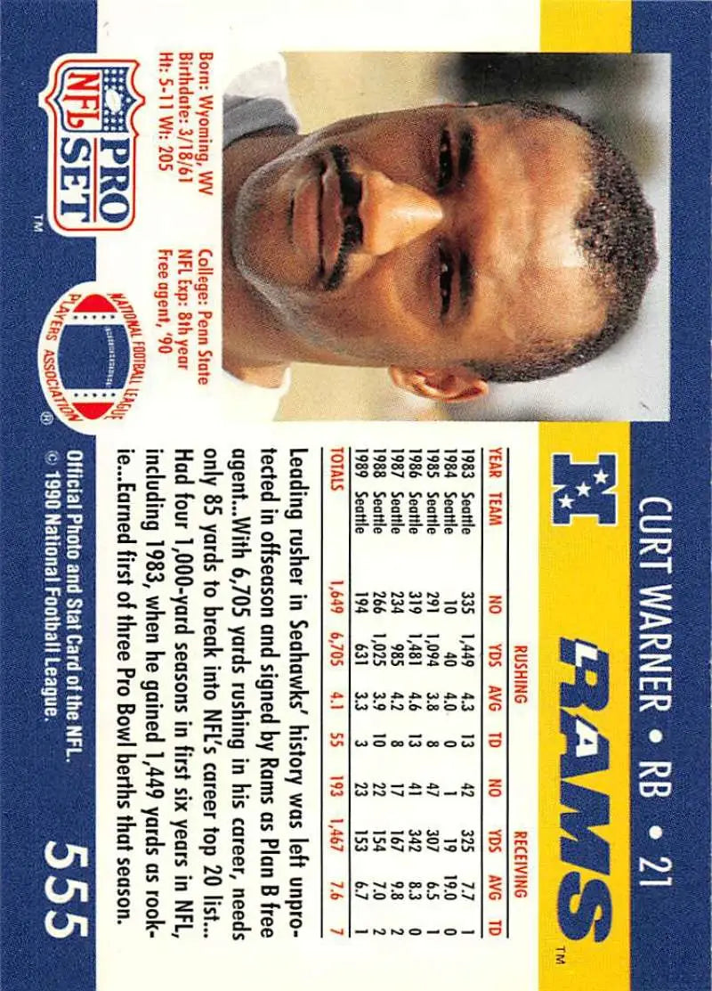 NFL Pro Set trading card of Curt Warner, Los Angeles Rams player from the early 1990s