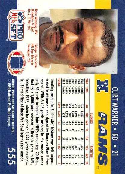 NFL Pro Set trading card of Curt Warner, Los Angeles Rams player from the early 1990s