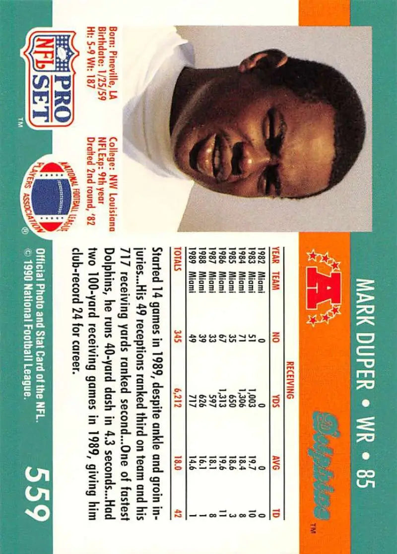 Pro football trading card of Mark Duper from the Miami Dolphins Pro Set collection