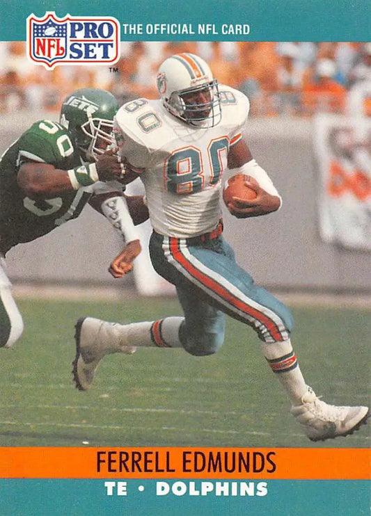 NFL Pro Set football card of Ferrell Edmunds running for the Miami Dolphins