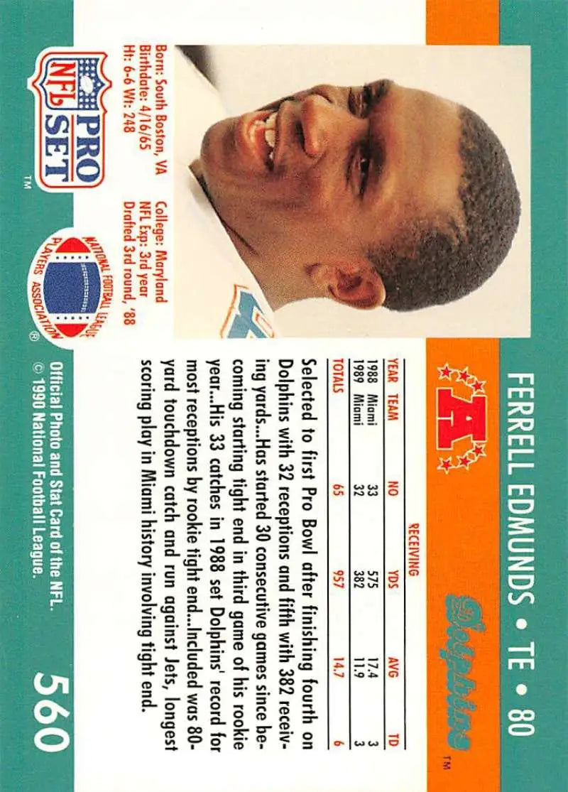 Pro Set NFL trading card featuring Ferrell Edmunds from Miami Dolphins, 1991