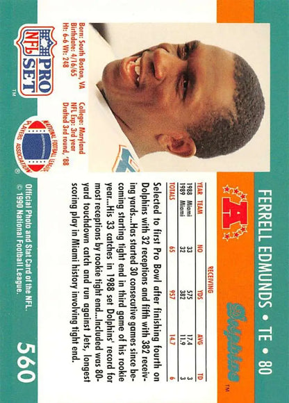 Pro Set NFL trading card featuring Ferrell Edmunds from Miami Dolphins, 1991