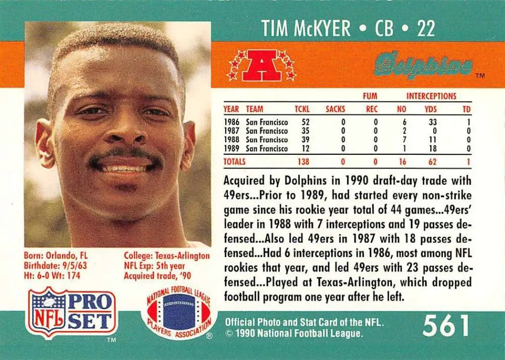 1990 Pro Set Tim McKyer football card featuring Miami Dolphins cornerback