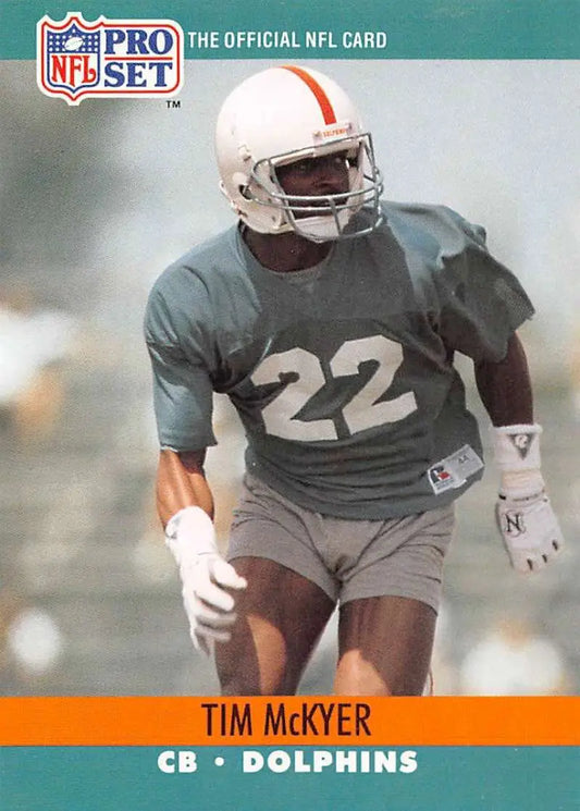 NFL Pro Set trading card of Tim McKyer, Miami Dolphins cornerback in practice gear
