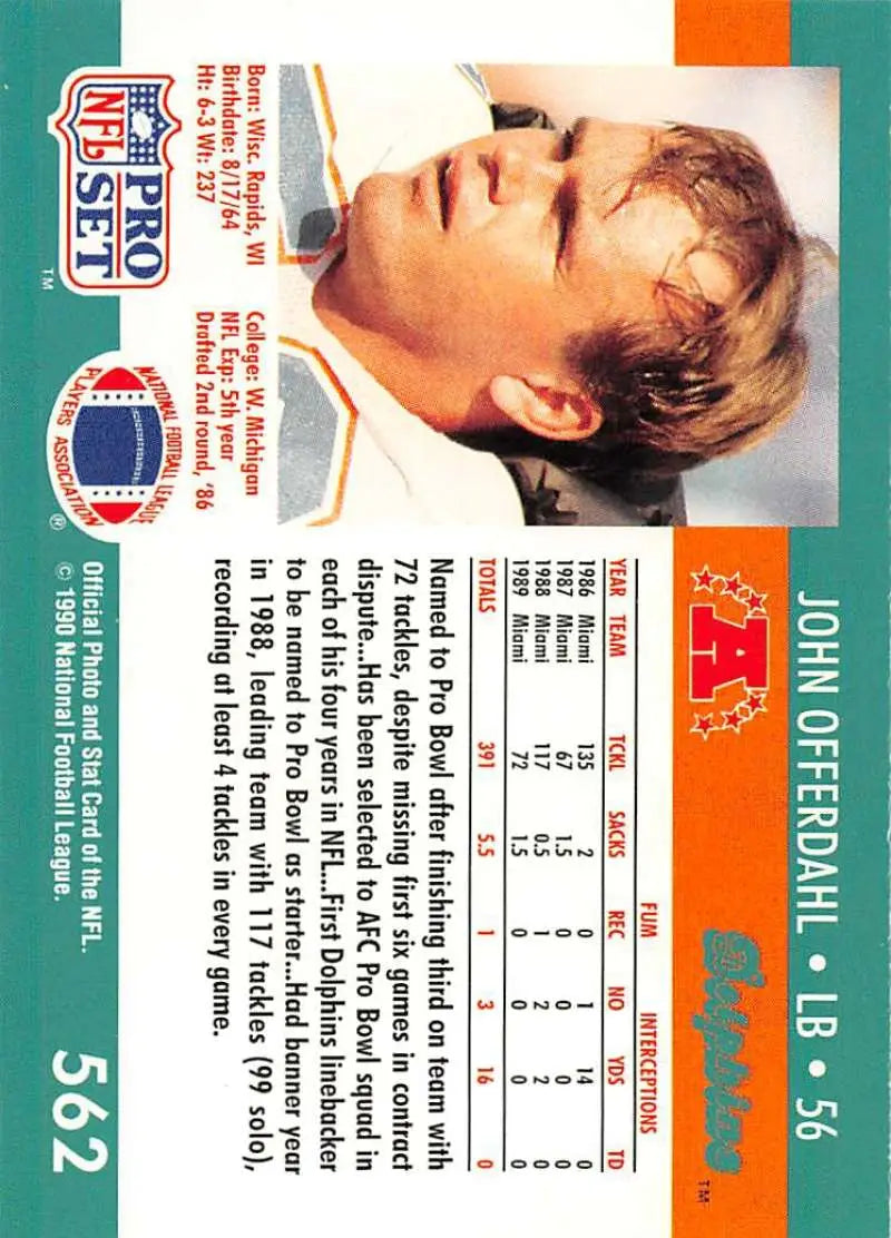 1990 Pro Set John Offerdahl Miami Dolphins Football Card in NM-MT condition