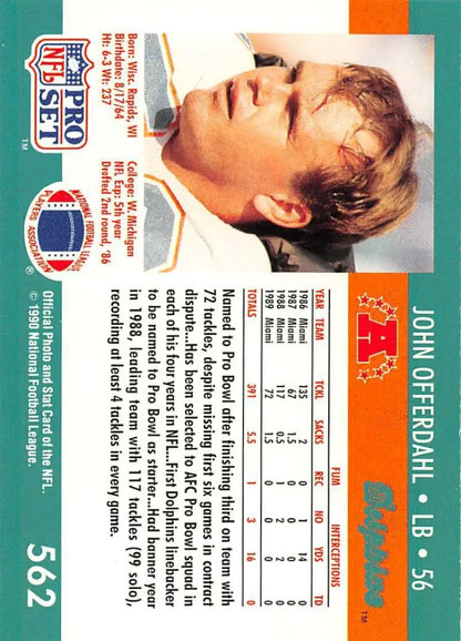 1990 Pro Set John Offerdahl Miami Dolphins Football Card in NM-MT condition