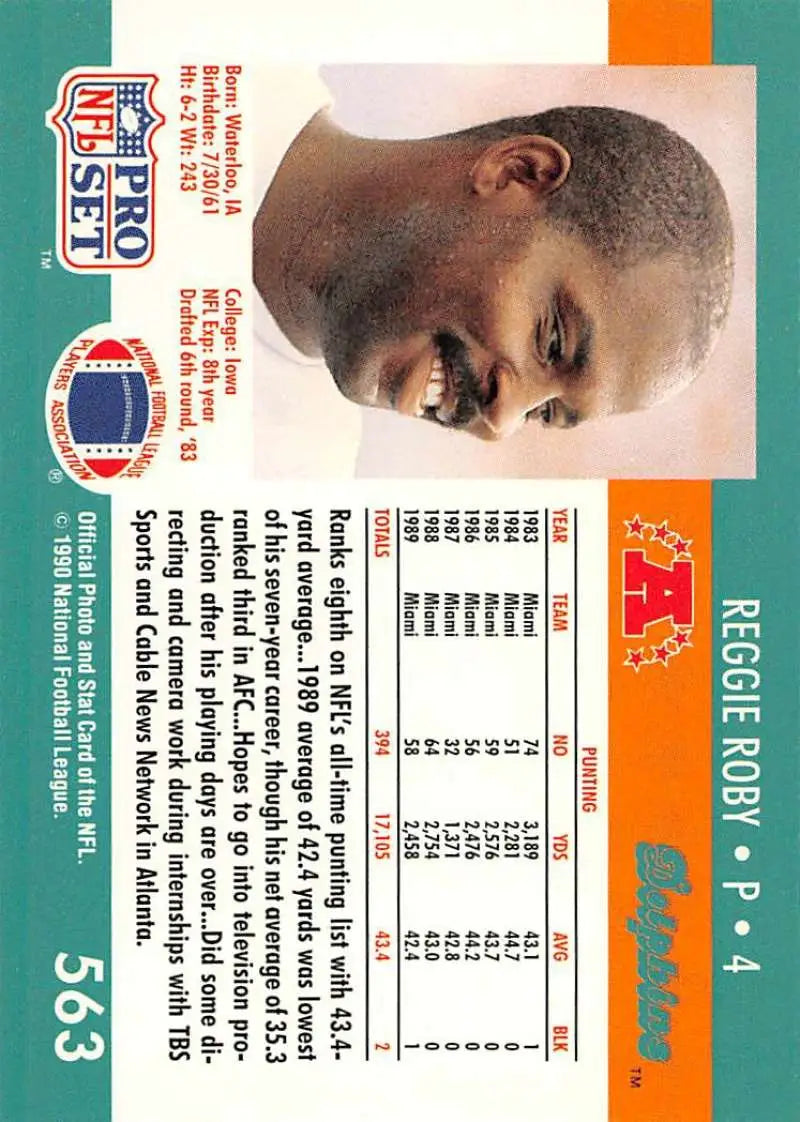 1990 Pro Set Reggie Roby Miami Dolphins football card in NM-MT condition
