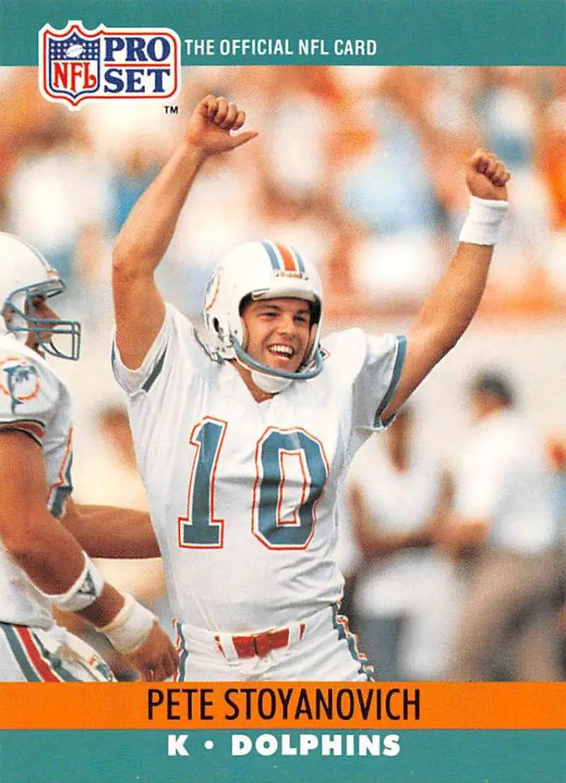 NFL Pro Set football card of Pete Stoyanovich celebrating with Miami Dolphins