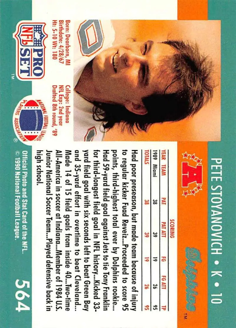 Vintage NFL Pro Set Football Card featuring Pete Stoyanovich and Miami Dolphins design