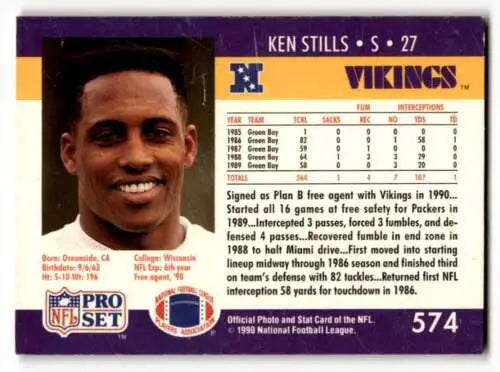 Ken Stills Minnesota Vikings football card with original gloss, 1990 Pro Set #574