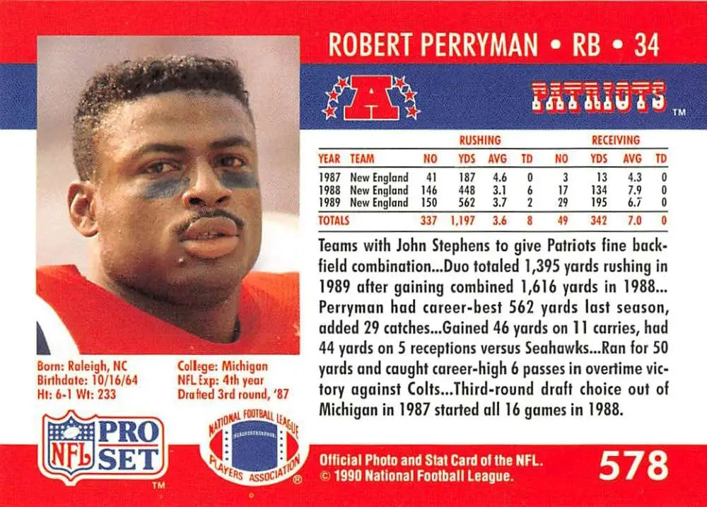 Vintage NFL football card of Robert Perryman, New England Patriots running back